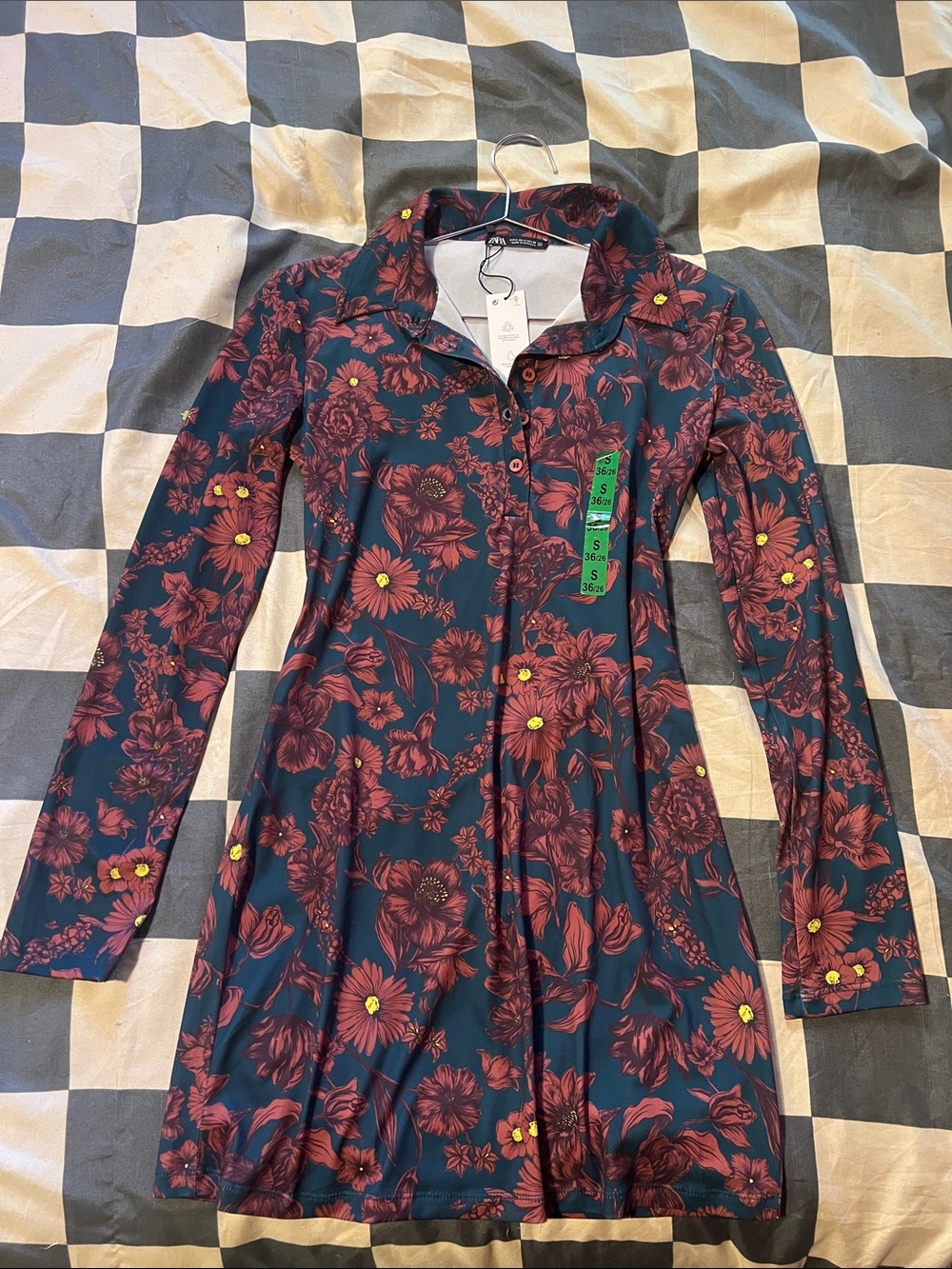 Zara Women’s Long Sleeve Floral Shirt Dress in Dark Teal and Burgundy
